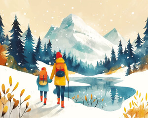 mother and daughter hiking together in the snow next to a frozen lake watching a majestic mountain