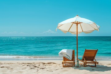 Fototapeta premium Peaceful beach scene with a single lounger under an umbrella facing the calm ocean, perfect for relaxation and unwinding.