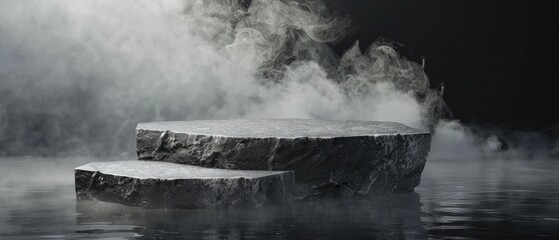 Fototapeta premium abstract minimal concept featuring a dark background with natural granite stones podium on water and smoke surrounding perfect for product presentation