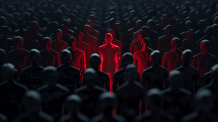 Obraz premium Unique color red human shape among dark ones, Leadership, individuality and standing out of crowd concept