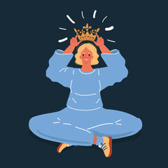 Cartoon vector illustration of woman with the crown. Leader, best worker or employee. Megalomania concept. Admires herself, self-confidence, narcissism on dark background.