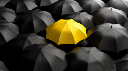 Background with umbrellas, Individuality concept, Yellow umbrella stands out among black ones, Metaphor for unique offer, Stylish background with umbrellas, Individuality to stand out
