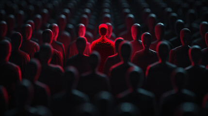 Obraz premium Unique color red human shape among dark ones, Leadership, individuality and standing out of crowd concept