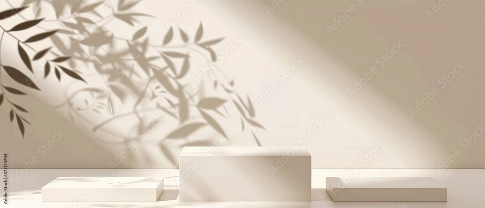 Poster three white rectangle podiums on beige background with shadows of tree leaves create an empty stage 