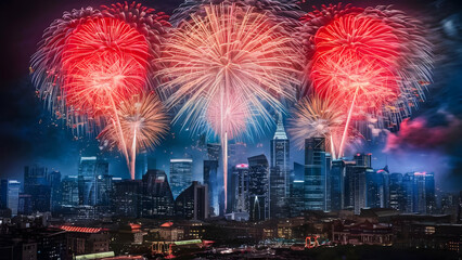 Obraz premium Pyrotechnic Symphony Over Urban Panorama