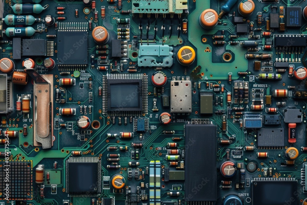Poster detailed view of computer motherboard components and circuitry