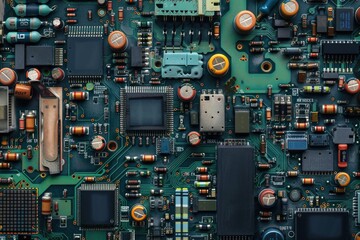Detailed view of computer motherboard components and circuitry
