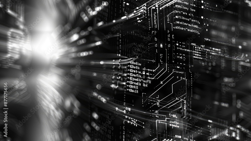 Poster the image is a black and white circuit board with a glowing white light in the center. the light is 