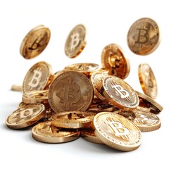A 3D illustration showing multiple Bitcoin coins emerging and floating around, creating a dynamic representation of virtual cryptocurrency.
