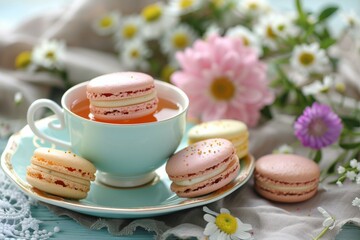 Elegant Tea Time with Macarons and Flowers
