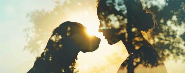 Double exposure of woman and dog silhouette with nature overlay, depicting the bond between humans and pets in a dreamy ethereal scene.
