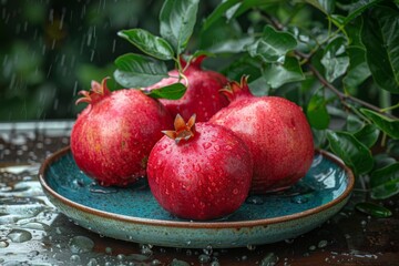 Pomegranates in Rain on Ceramic Plate