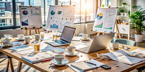 Professionals' workspace cluttered with laptops, papers, and coffee cups, surrounded by whiteboards filled with diagrams, notes, and financial charts for new project development.