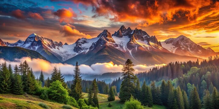 Breathtaking 8K panorama of majestic snow-capped mountains set against vibrant orange and pink hues of sunset, perfect for TV wallpaper or commercial use