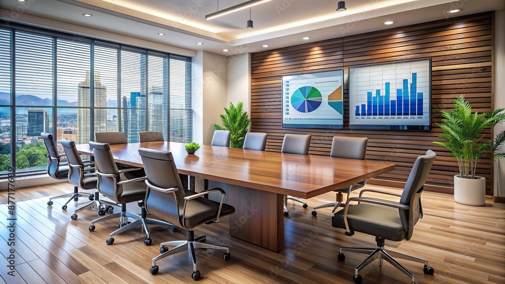 Poster modern conference room with sleek tv screen displaying data analysis dashboard, surrounded by empty 