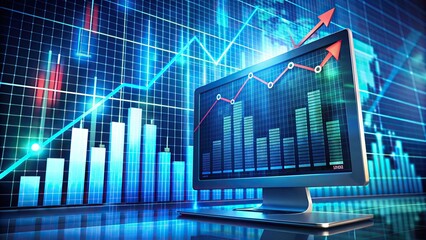 Naklejka premium Upward trending financial growth chart with rising bars and lines, surrounded by computer screens and financial data, symbolizing successful stock market investment trading.