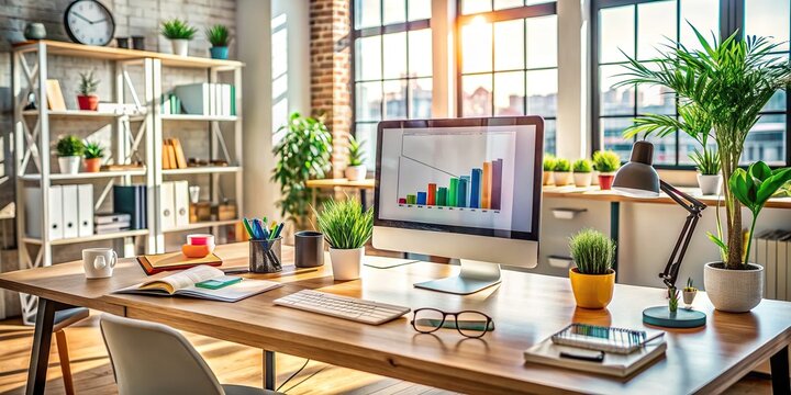 Vibrant digital marketing poster dominates a clutter-free workspace, surrounded by a modern computer, trendy glasses, and neatly organized office supplies in a stylish, modern setting.