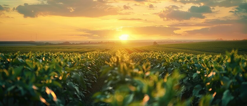 agricultural soy plantation on field with a breathtaking sunset background