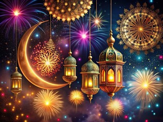 Vibrant colorful fireworks explosion on dark night sky background with intricately designed golden lanterns, crescent moon, and ornate Arabic pattern decorations for celebration.