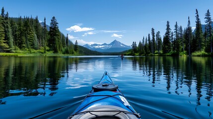 Obraz premium Silent Waters Kayaking Serene Kayaking Adventure on a Tranquil Lake Surrounded by Pines Dreamy Lake Kayaking