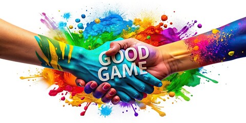 Vibrant splashes of colorful paint surround a painted handshake, with a bold Good game inscription, symbolizing sportsmanship and respect in a playful, competitive spirit.