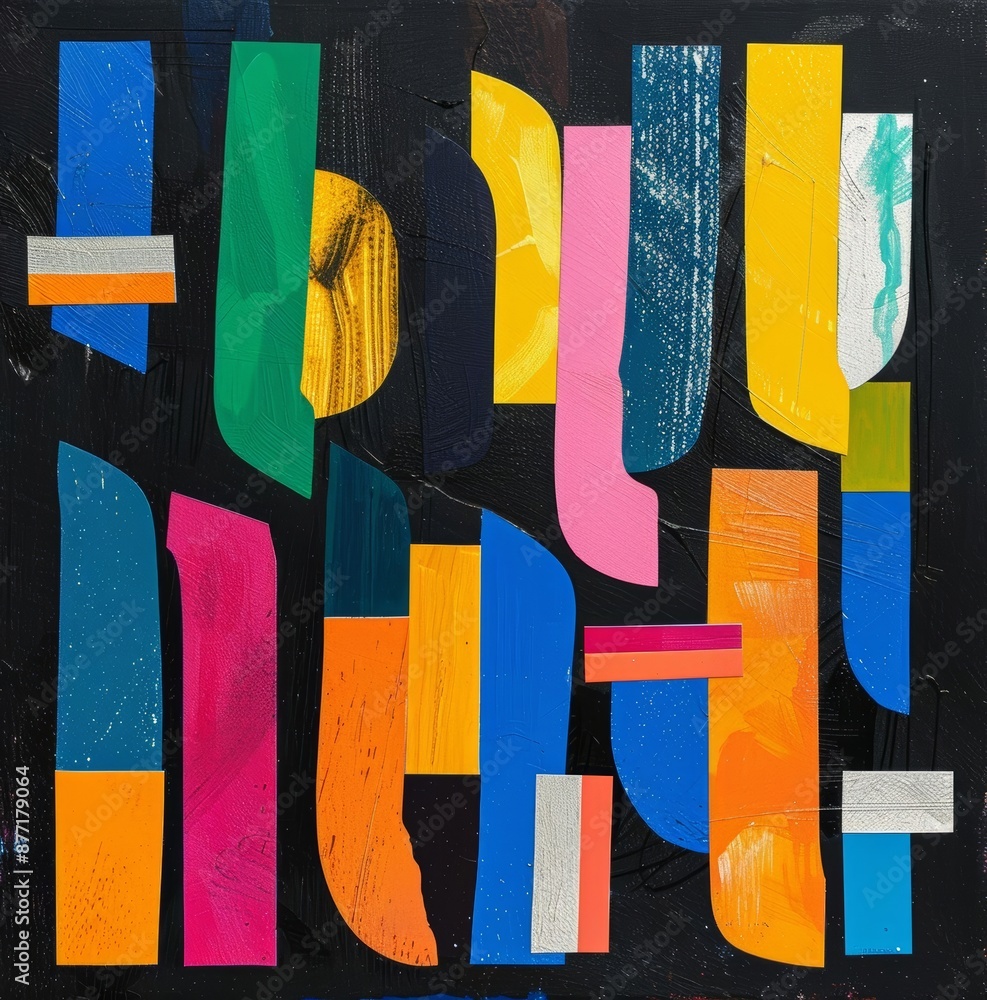 Poster solid black background with bright minimal color shapes making abstract art