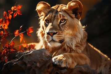 Naklejka premium A painting of a lioness on a rock, generative IA