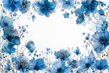 Beautiful blue floral border on a white background, perfect for greeting cards, invitations, and decorative designs.