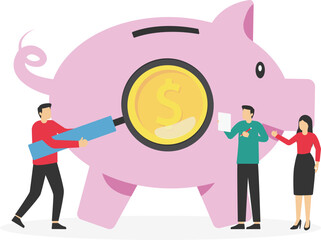 Business people examining Piggy bank with magnifying glass. Business team Investing money. Flat vector illustration.

