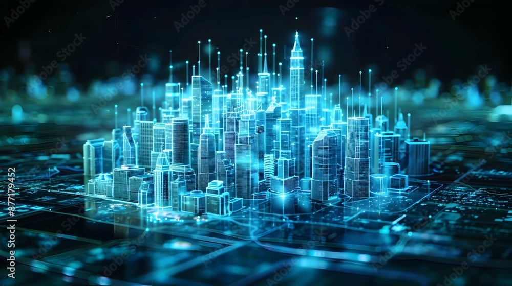 Poster futuristic 3d holographic cityscape with high-tech architecture and floating structures in a sci-fi