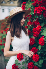 Outdoor portrait of young brunette beauty girl in rosses field	
