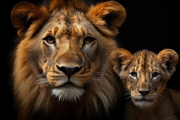 Naklejka premium Lions Farher and Two Cubs Portrait in dark background there Generative, generative IA