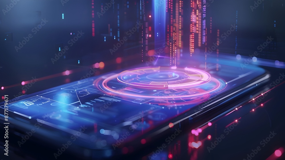 Poster futuristic 3d hologram of floating smartphone interface showcasing tech innovation