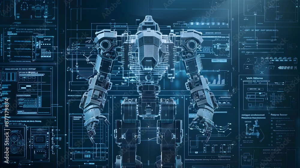 Poster detailed 3d holographic blueprint of advanced robotic engineering design