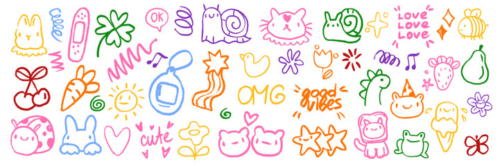 Cute doodle icon set, baby animals sticker, vector cartoon crayon hand drawn kawaii characters. Funny kids illustration kit, pen line scribble sketches, playful color bee, cat, bear, star. Cute doodle
