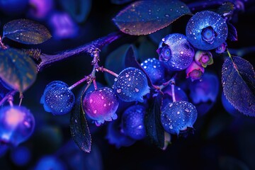 Fresh blueberries hang from a tree branch