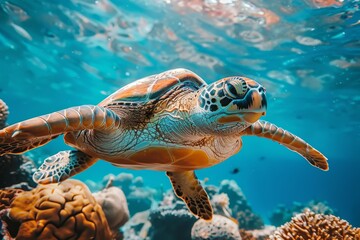 Obraz premium Sea Turtle Underwater in Coral Reef