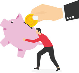 color background of businessman carrying a piggy bank with hand depositing a coin inside

