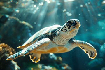Fototapeta premium Underwater Sea Turtle in Ocean Depths