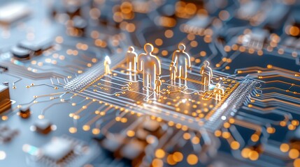 Futuristic digital concept with miniature gold figures on a microchip, symbolizing human interaction with advanced technology.