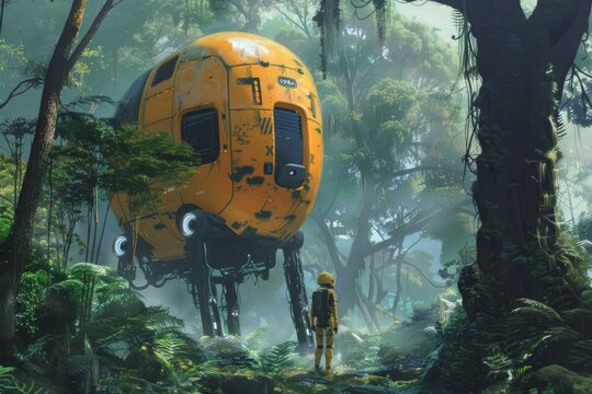 Illustration of a robot next to a spaceship in an enchanting, foggy forest setting