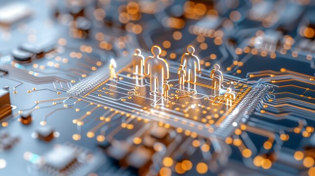 Futuristic digital concept with miniature gold figures on a microchip, symbolizing human interaction with advanced technology.
