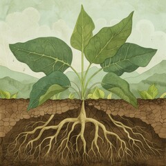The drawing visually illustrates a green tree with a detailed trunk, roots, and leaves in a classic style