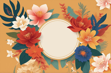 Illustration of floral arrangement with circular frame and various flowers on warm orange background