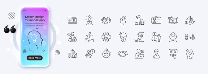 Leader run, Podium and Success line icons for web app. Phone mockup gradient screen. Pack of Income money, Airport transfer, Handshake pictogram icons. Medical mask, Smile, Stop shopping signs. Vector