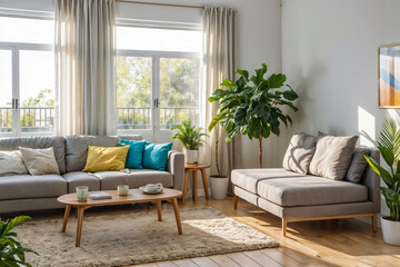 quiet living room with natural light and green plants