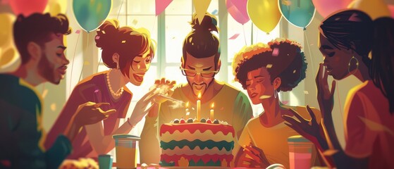 A joyful birthday party scene with a group of friends gathered around a beautifully decorated cake.