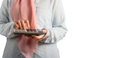 muslim woman with casual attire holding a calculator, business woman concept mock up with a copy space, isolated on white background 