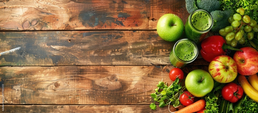 Aufkleber A detoxifying spread with a green smoothie and fresh vegetables arranged neatly on the table with copy space image