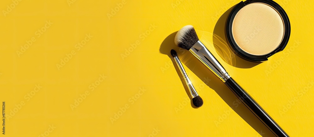Poster Makeup essentials like a facial highlighter and bright brush displayed atop a yellow backdrop in a flat lay composition with copy space image
